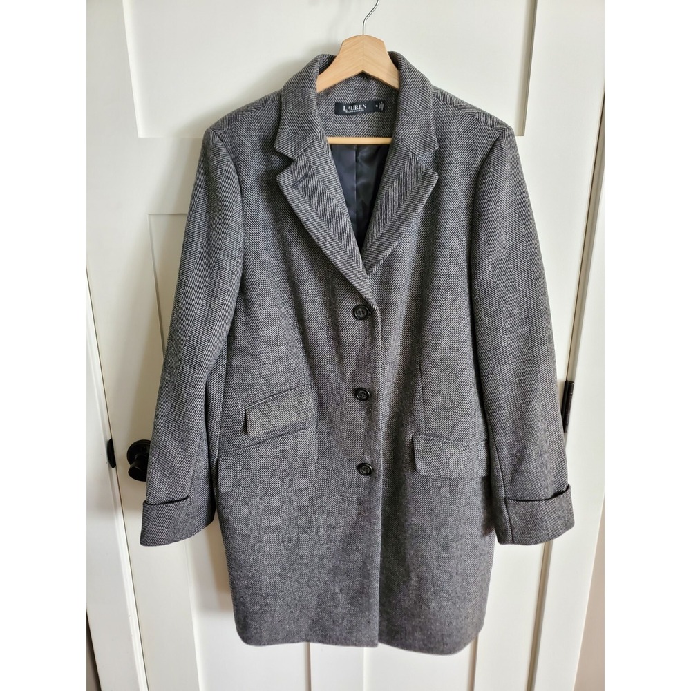 Lauren Ralph Lauren Long Wool Peacoat Womens Size 18 XXL Gray Herringbone Career